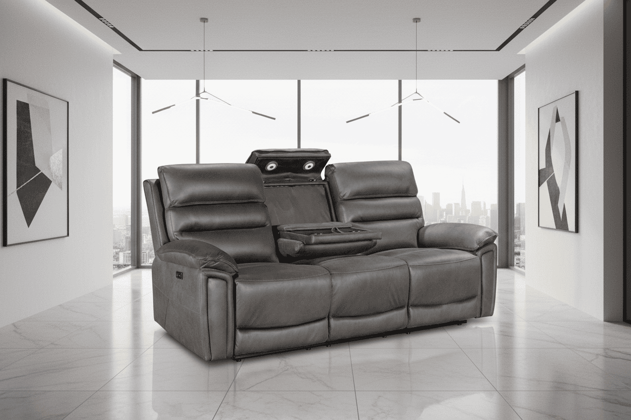 DFS Lawson Grey Easy Clean Fabric Electric Reclining 3 Seater Sofa With USB Charging Ports & Drop Down Tray Table