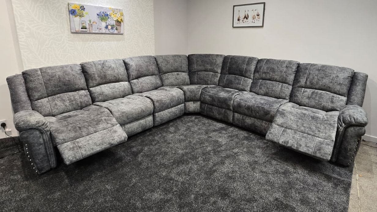 GALAXY Grey Plush Velvet Fabric Electric Reclining 3C3 Corner Sofa & USB Ports
