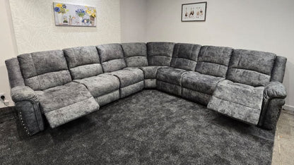 GALAXY Grey Plush Velvet Fabric Electric Reclining 3C3 Corner Sofa & USB Ports