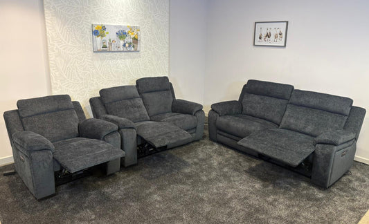 "Barretta" Electric / Power Reclining Grey Fabric Sofa Set - USB Charging & Drinks Tray Table