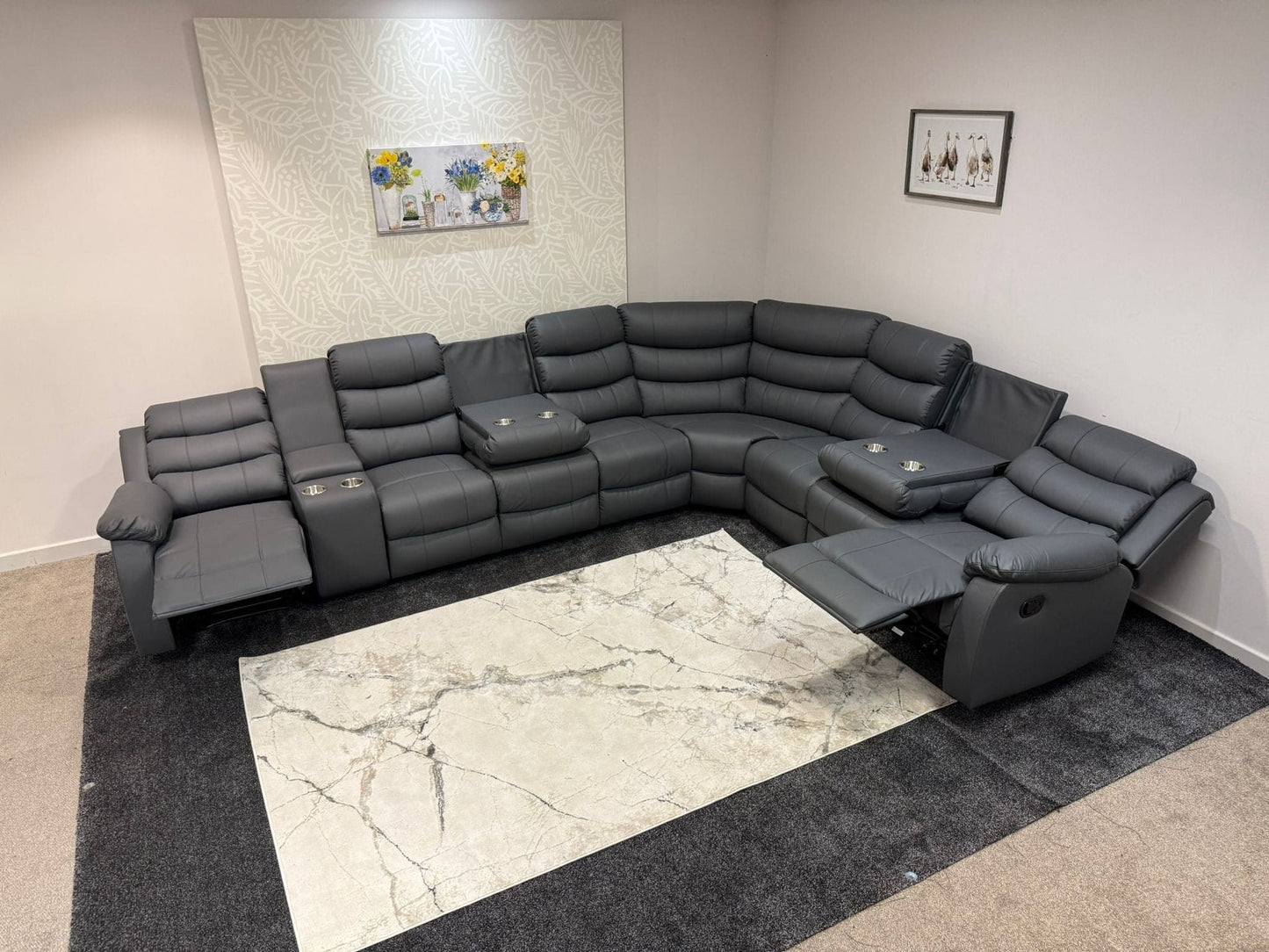"Lando" Grey Leather 4C3C Recliner Corner Sofa Reversible | 2 x Drinks Tray Table | Modular