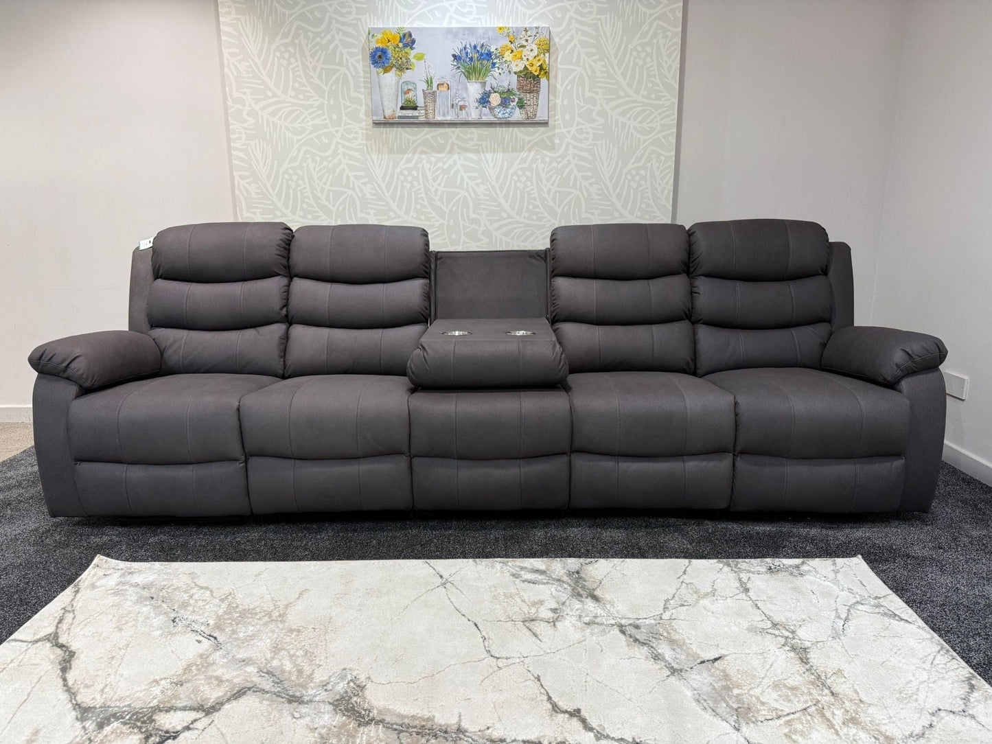 Willow Grey Easy Clean Fabric 5 Seater Sofa | 2 x Fold Down Tray Table, High Headrest & Seating Position Couch