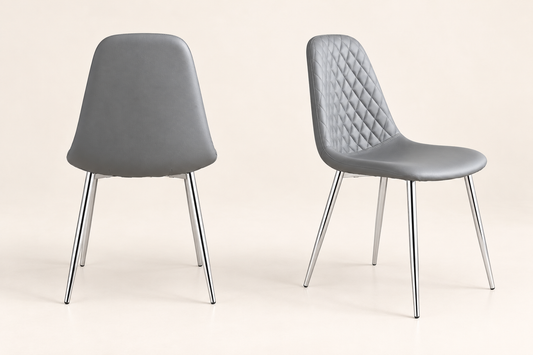 MEX Quilted Back Grey Leather Dining Chairs With Chrome Metal Legs | Set Of 2, 4, 6 or 8