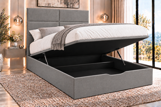"Indulgence" Grey Fabric Ottoman Storage Bed - Frame Only - 2 Sizes Available