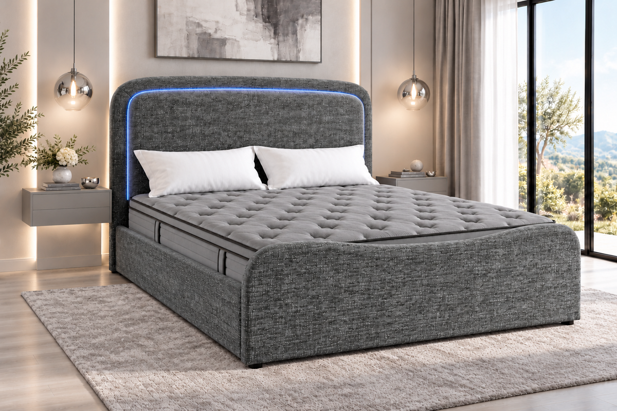 (Pre Order Deal, Back In Stock December 15th) "Harriet" Grey Ottoman Storage Bed Frame + Mattress Package