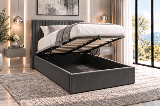'Juliano' Grey Plush Velvet Fabric Ottoman Bed Frame & Medium Firm Mattress Package - 2 Sizes Available