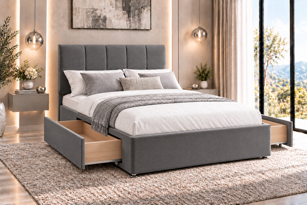"Tsleep" Plush Grey Velvet Fabric Divan Storage Bed Frame - Frame Only - 3 Sizes Available