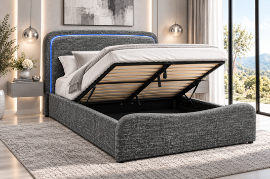(Pre Order Deal, Back In Stock December 15th) "Harriet" Grey Ottoman Storage Bed Frame + Mattress Package