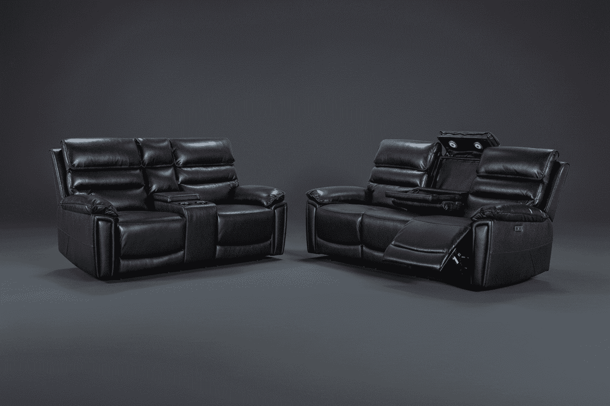 DFS Lawson Black Leather Electric Reclining 3 Seater + 2 Seater With Drinks Console Sofa Range Suite Set With USB Charging Ports & Drop Down Tray Table