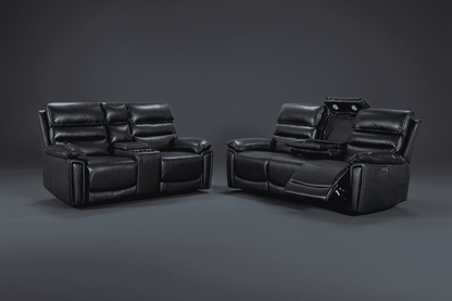 DFS Lawson Black Leather Electric Reclining 3 Seater + 2 Seater With Drinks Console Sofa Range Suite Set With USB Charging Ports & Drop Down Tray Table