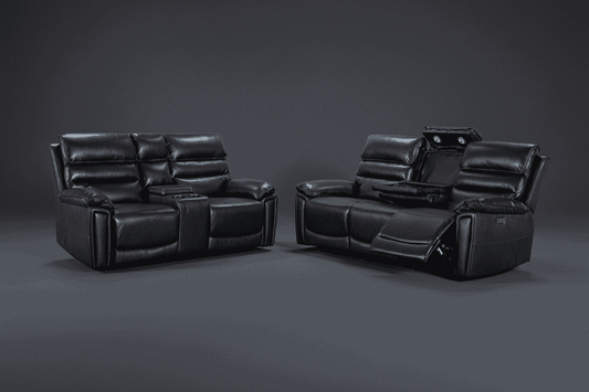 DFS Lawson Black Leather Electric Reclining Sofa Range Suite Set With USB Charging Ports & Drop Down Tray Table