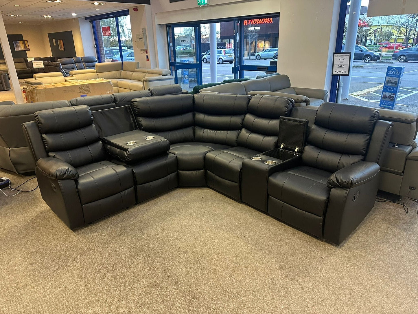 Black Leather 'Lando' 2c2c Reclining Corner Sofa |  Reversible & Modular | Drinks Console | High Backrest | Built To Fit Any Home | Couch |