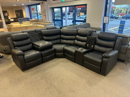 Black Leather 'Lando' 2c2c Reclining Corner Sofa |  Reversible & Modular | Drinks Console | High Backrest | Built To Fit Any Home | Couch |