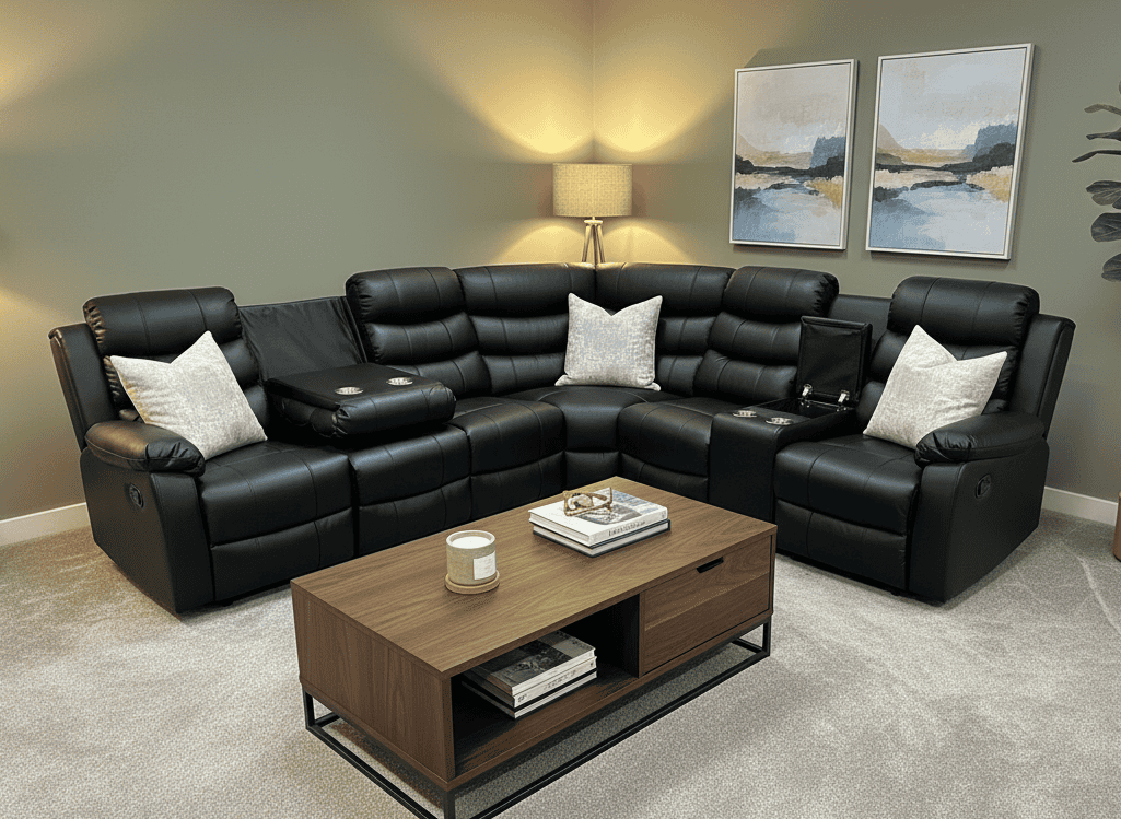 Black Leather 'Lando' 3c2c Reclining Corner Sofa |  Reversible & Modular | Drinks Console | High Backrest | Built To Fit Any Home | Couch