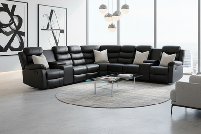 Black Leather 'Lando' 3c3 + 2 Drinks Consoles Reclining Corner Sofa |  Reversible & Modular | High Backrest | Built To Fit Any Home | Couch