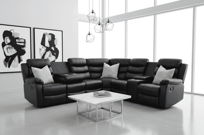 Black Leather 'Lando' 3c2c Reclining Corner Sofa |  Reversible & Modular | Drinks Console | High Backrest | Built To Fit Any Home | Couch
