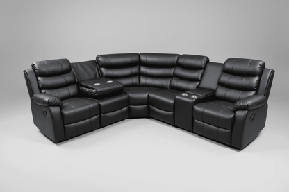 Black Leather 'Lando' 2c2c Reclining Corner Sofa |  Reversible & Modular | Drinks Console | High Backrest | Built To Fit Any Home | Couch |