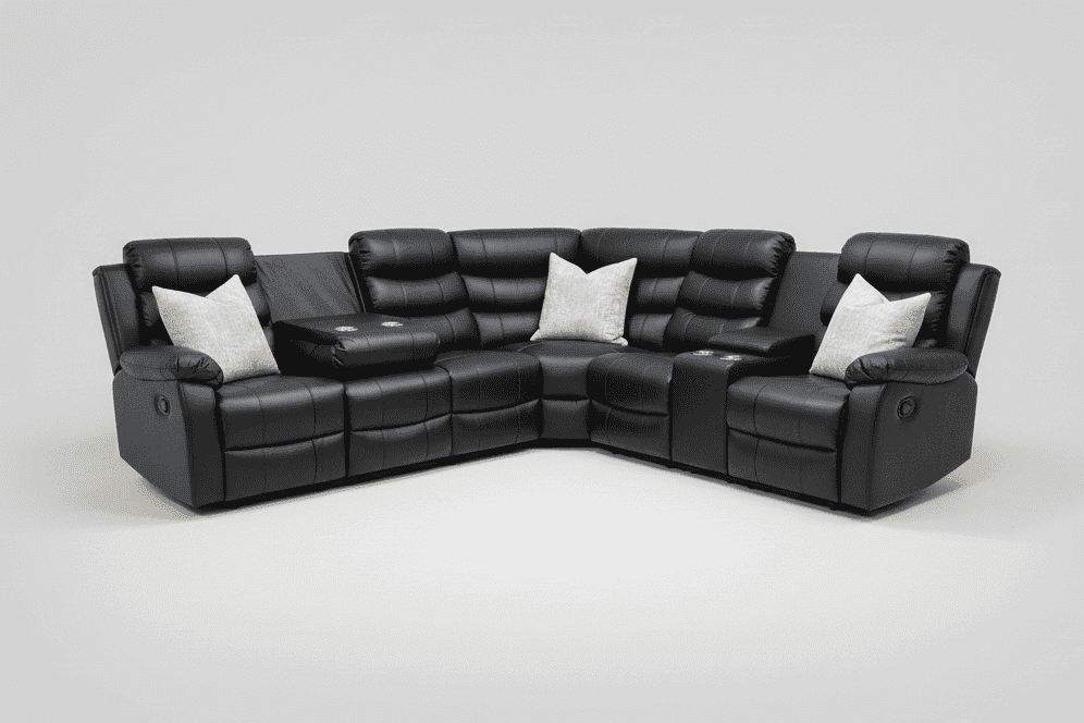 Black Leather 'Lando' 3c2c Reclining Corner Sofa |  Reversible & Modular | Drinks Console | High Backrest | Built To Fit Any Home | Couch