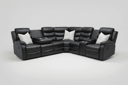 Black Leather 'Lando' 3c2c Reclining Corner Sofa |  Reversible & Modular | Drinks Console | High Backrest | Built To Fit Any Home | Couch