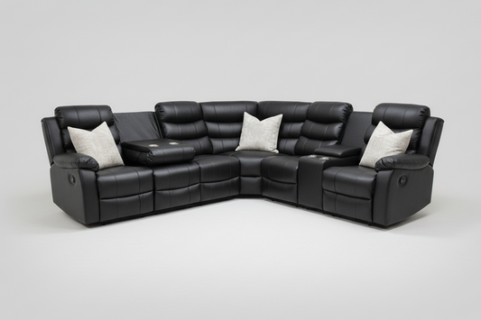Black Leather 'Lando' 3c2c Reclining Corner Sofa |  Reversible & Modular | Drinks Console | High Backrest | Built To Fit Any Home | Couch