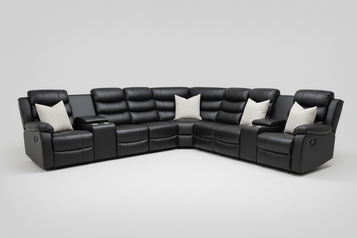 Black Leather 'Lando' 3c3 + 2 Drinks Consoles Reclining Corner Sofa |  Reversible & Modular | High Backrest | Built To Fit Any Home | Couch