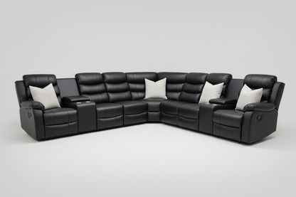 Black Leather 'Lando' 3c3 + 2 Drinks Consoles Reclining Corner Sofa |  Reversible & Modular | High Backrest | Built To Fit Any Home | Couch