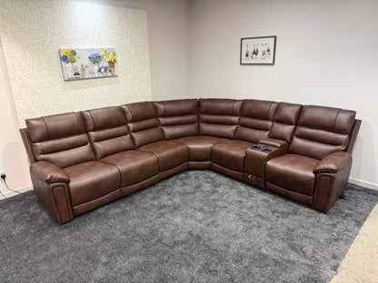 Donald Cinema Tech 3C2C Brown Leather Modular Power Recliner Corner Sofa – 3 Recliners, Drinks Coolers &amp; Wireless Charging