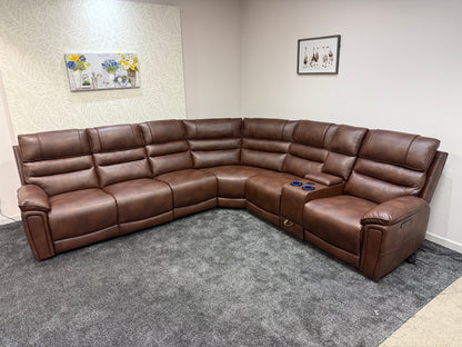 Donald Cinema Tech 3C2C Brown Leather Modular Power Recliner Corner Sofa – 3 Recliners, Drinks Coolers &amp; Wireless Charging