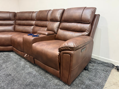 Donald Cinema Tech 3C2C Brown Leather Modular Power Recliner Corner Sofa – 3 Recliners, Drinks Coolers &amp; Wireless Charging