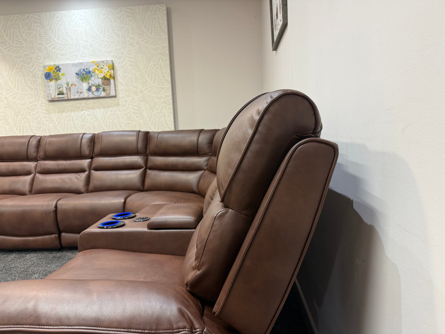 Donald Cinema Tech 3C2C Brown Leather Modular Power Recliner Corner Sofa – 3 Recliners, Drinks Coolers &amp; Wireless Charging