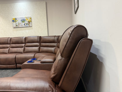 Donald Cinema Tech 3C2C Brown Leather Modular Power Recliner Corner Sofa – 3 Recliners, Drinks Coolers &amp; Wireless Charging