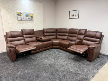 Donald Cinema Tech 3C2C Brown Leather Modular Power Recliner Corner Sofa – 3 Recliners, Drinks Coolers &amp; Wireless Charging