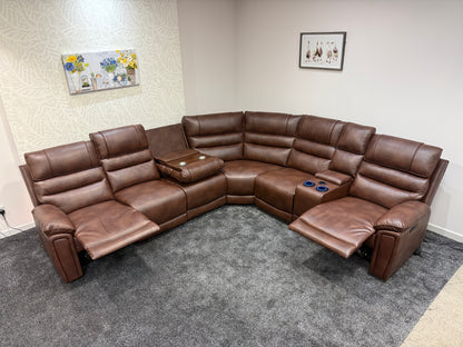 Donald Cinema Tech 3C2C Brown Leather Modular Power Recliner Corner Sofa – 3 Recliners, Drinks Coolers &amp; Wireless Charging
