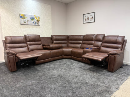 Donald Cinema Tech 3C2C Brown Leather Modular Power Recliner Corner Sofa – 3 Recliners, Drinks Coolers &amp; Wireless Charging