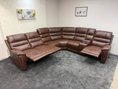 Donald Cinema Tech 3C2C Brown Leather Modular Power Recliner Corner Sofa – 3 Recliners, Drinks Coolers &amp; Wireless Charging
