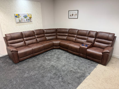 Donald Cinema Tech 3C3C Brown Leather Modular Power Recliner Corner Sofa – 4 Recliners, Drinks Coolers & Wireless Charging