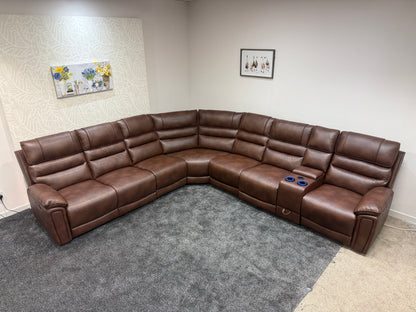 Donald Cinema Tech 3C3C Brown Leather Modular Power Recliner Corner Sofa – 4 Recliners, Drinks Coolers & Wireless Charging