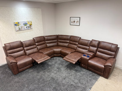Donald Cinema Tech 3C3C Brown Leather Modular Power Recliner Corner Sofa – 4 Recliners, Drinks Coolers & Wireless Charging