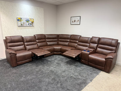 Donald Cinema Tech 3C3C Brown Leather Modular Power Recliner Corner Sofa – 4 Recliners, Drinks Coolers & Wireless Charging