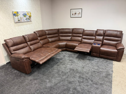 Donald Cinema Tech 3C3C Brown Leather Modular Power Recliner Corner Sofa – 4 Recliners, Drinks Coolers & Wireless Charging