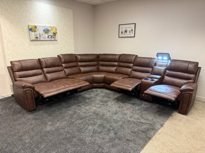 Donald Cinema Tech 3C3C Brown Leather Modular Power Recliner Corner Sofa – 4 Recliners, Drinks Coolers & Wireless Charging