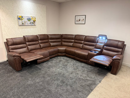Donald Cinema Tech 3C3C Brown Leather Modular Power Recliner Corner Sofa – 4 Recliners, Drinks Coolers & Wireless Charging