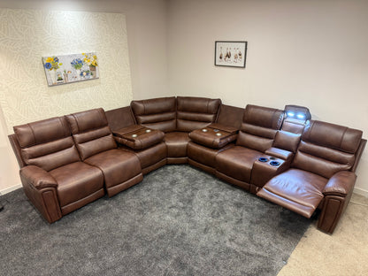 Donald Cinema Tech 3C3C Brown Leather Modular Power Recliner Corner Sofa – 4 Recliners, Drinks Coolers & Wireless Charging
