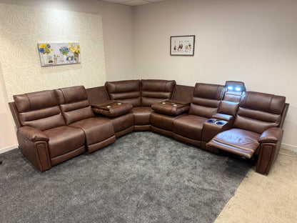 Donald Cinema Tech 3C3C Brown Leather Modular Power Recliner Corner Sofa – 4 Recliners, Drinks Coolers & Wireless Charging