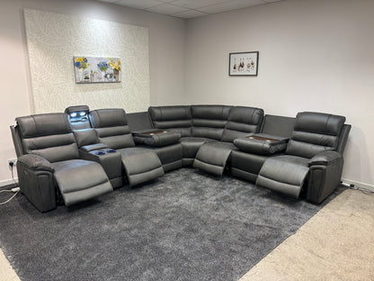 Donald Grey Suede Easy Clean Fabric Cinema Tech 3C3C Modular Power Recliner Corner Sofa – 4 Recliners, Cooling Cup Holders & Wireless Charging