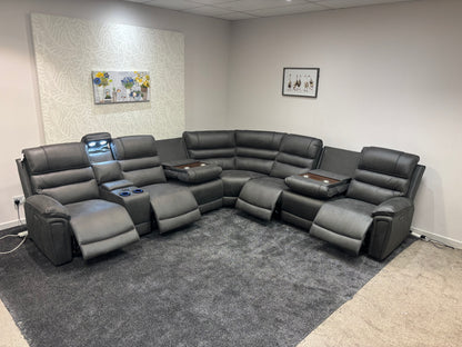 Donald Grey Suede Easy Clean Fabric Cinema Tech 3C3C Modular Power Recliner Corner Sofa – 4 Recliners, Cooling Cup Holders & Wireless Charging