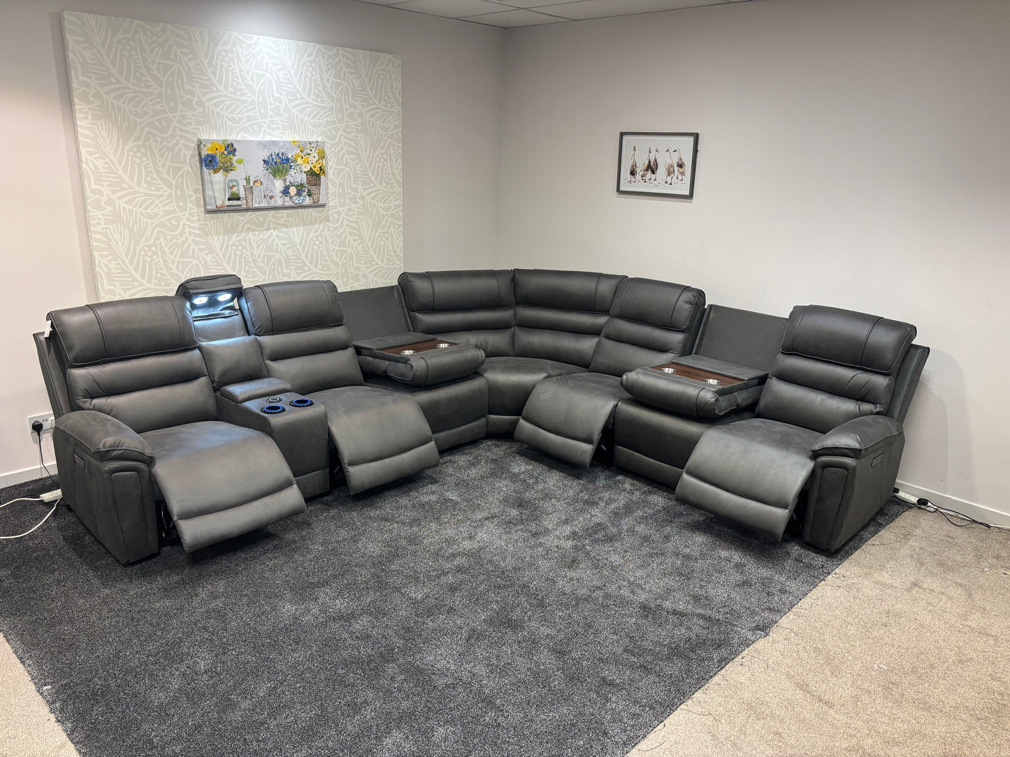 Donald Grey Suede Easy Clean Fabric Cinema Tech 3C3C Modular Power Recliner Corner Sofa – 4 Recliners, Cooling Cup Holders & Wireless Charging