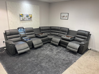 Donald Grey Suede Easy Clean Fabric Cinema Tech 3C3C Modular Power Recliner Corner Sofa – 4 Recliners, Cooling Cup Holders & Wireless Charging