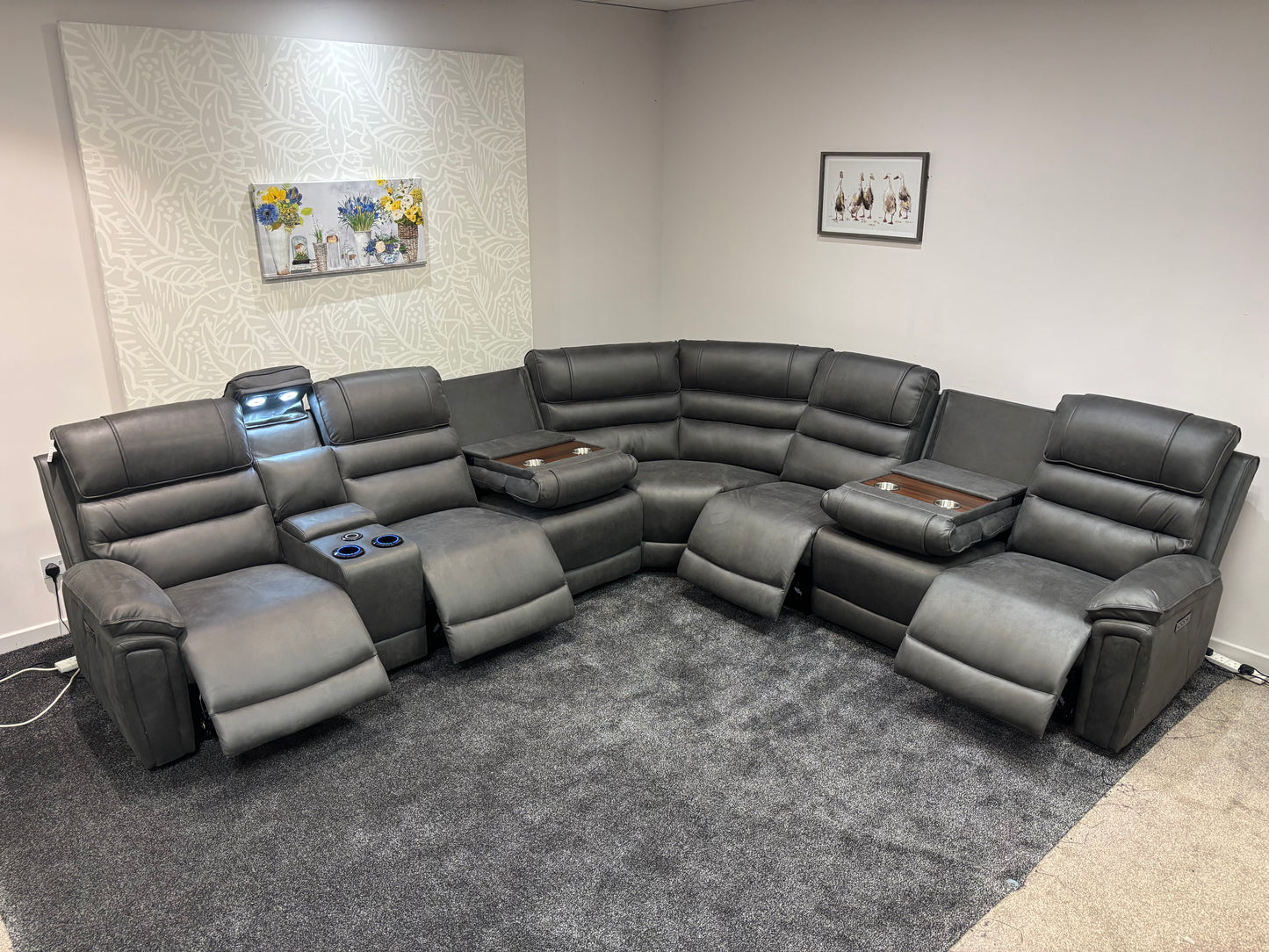 Donald Grey Suede Easy Clean Fabric Cinema Tech 3C3C Modular Power Recliner Corner Sofa – 4 Recliners, Cooling Cup Holders & Wireless Charging