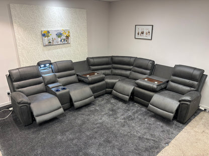 Donald Grey Suede Easy Clean Fabric Cinema Tech 3C3C Modular Power Recliner Corner Sofa – 4 Recliners, Cooling Cup Holders & Wireless Charging